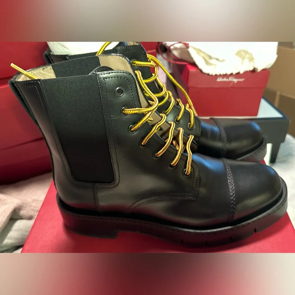 NIB Salvatore Ferragamo Rosco Leather Combat Boots in Black 7.5 - Picture 6 of 14
